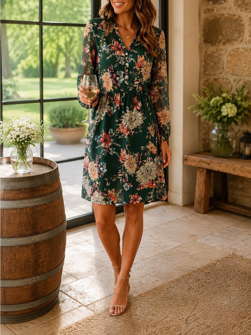 A New Day Floral Green Dress XS Garden Party Winery Wedding Guest Cottagecore